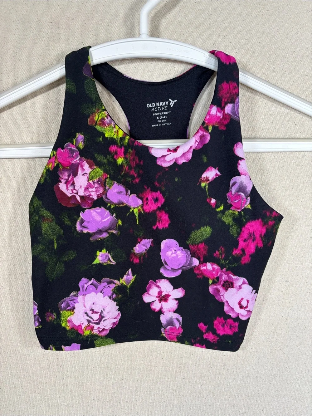 Old Navy Active Floral High-Neck Crop Top - Black, Pink & Purple